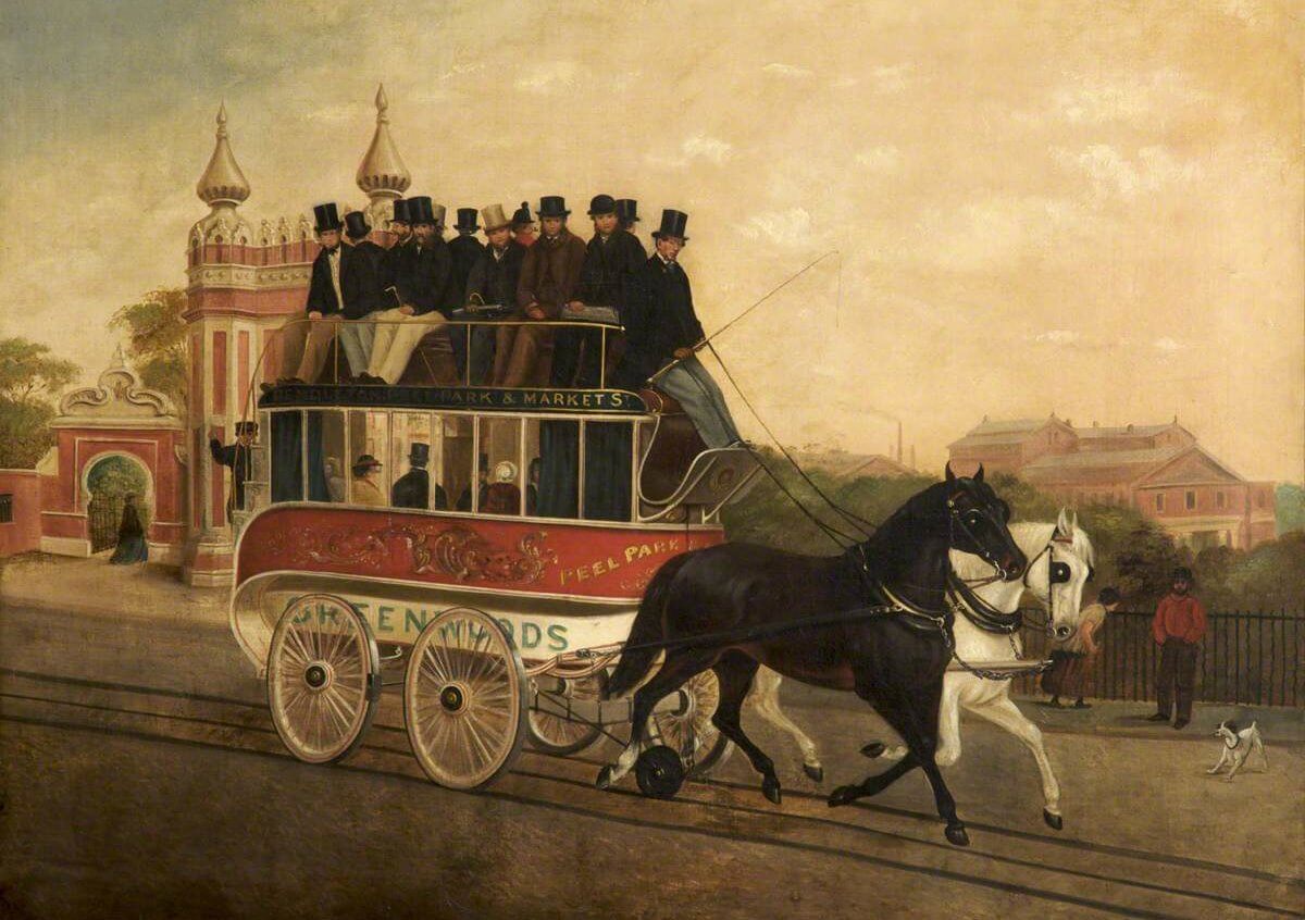 British School; The Five-Wheeled Omnibus. A double decker bus drawn by two horses pass by Peel Park.