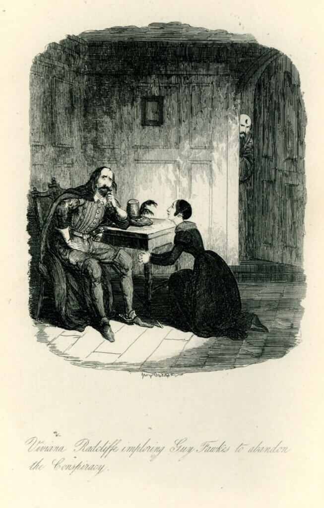 A drawing of a lady on her knees in front of Guy Fawkes, begging him to stop his conspiracy, Both people look worried. In the background a man pokes his head around the door, spying on them.