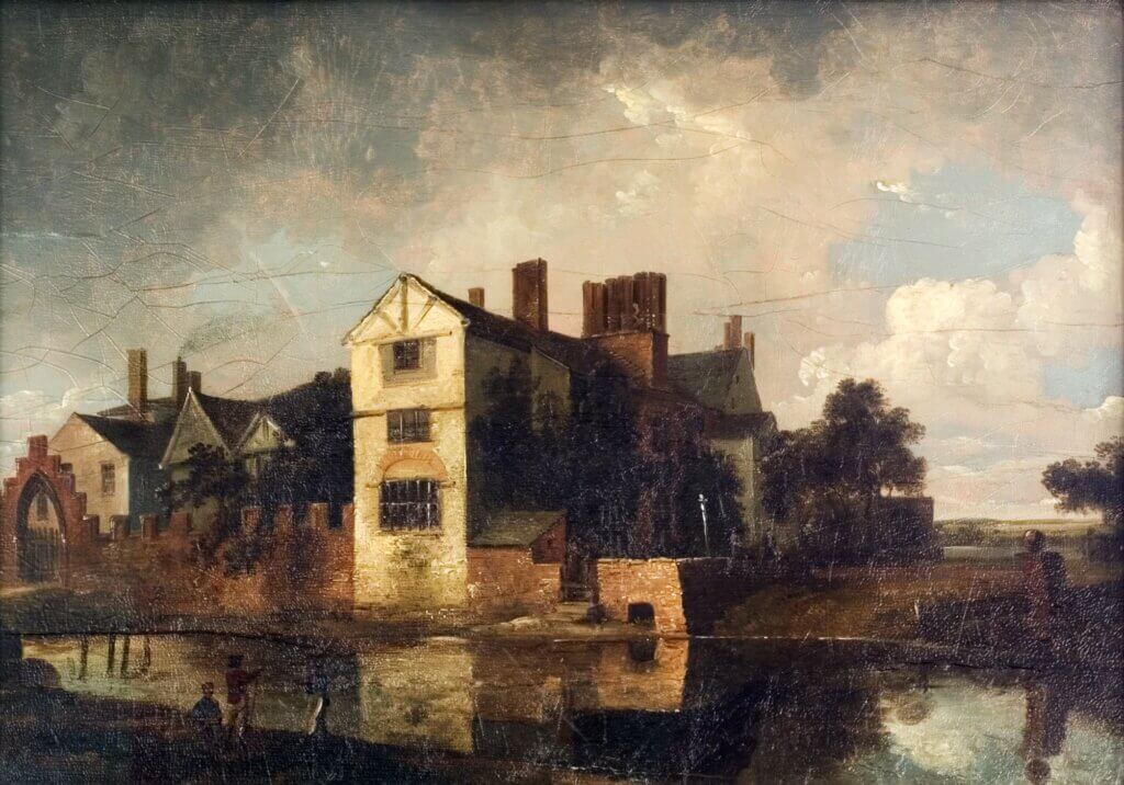 A painting of a large manor house reflected in the water of a moat.