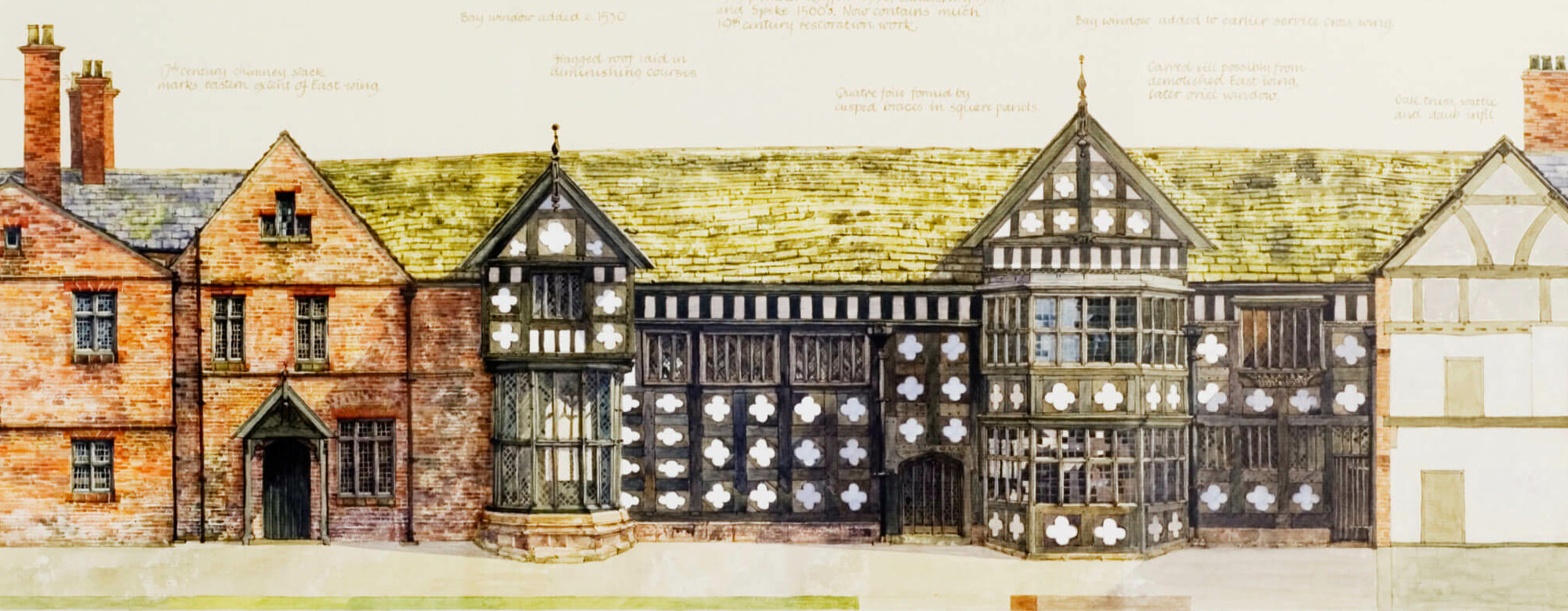 A painting of Ordsall House, a large building with a Tudor roof and a Quatrefoil pattern on the front wall.