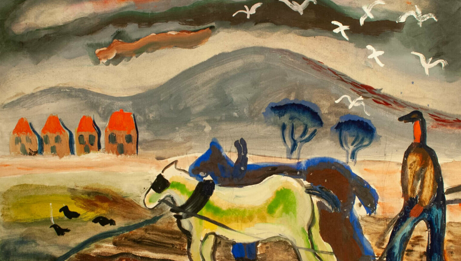 A stylised watercolour painting of a farmer using two horses to plough his field. There are houses and a steep hill in the background.