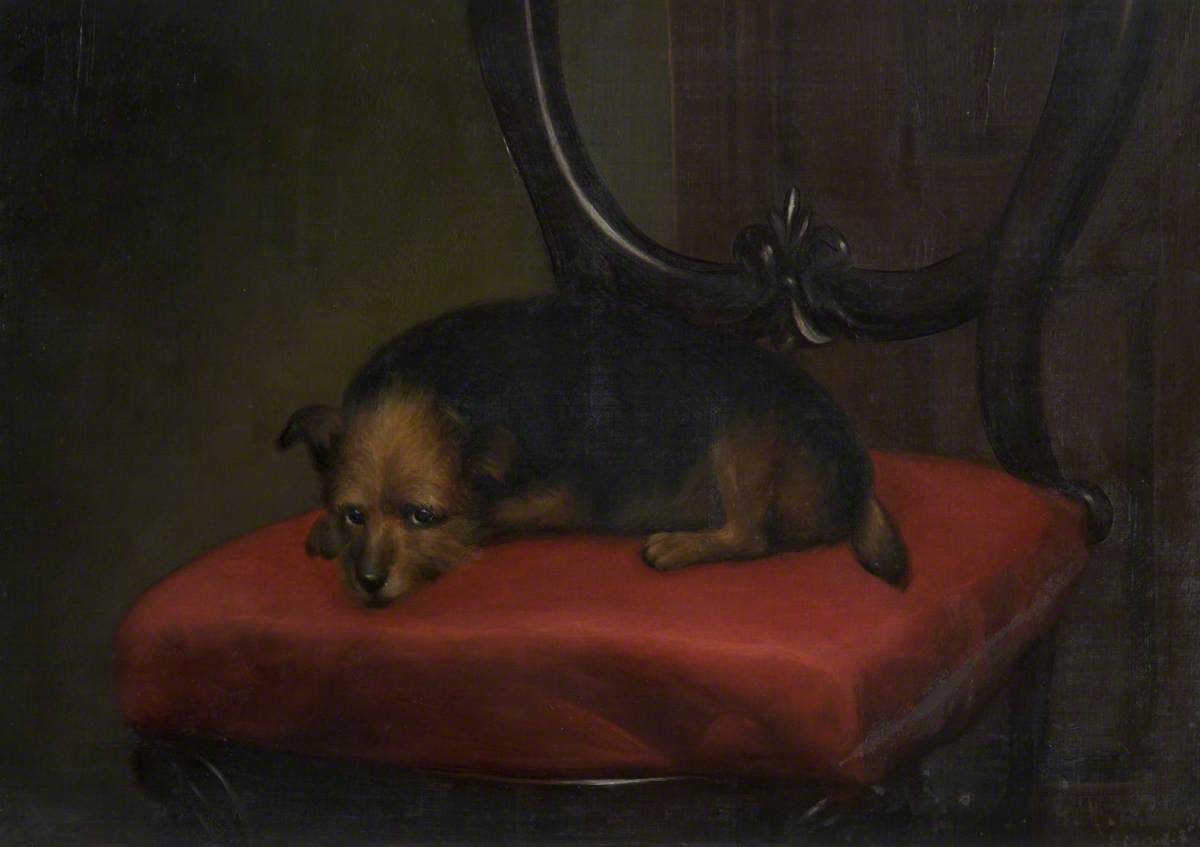 A painting of a small, brown terrier dog curled up on a red pillow on a chair.