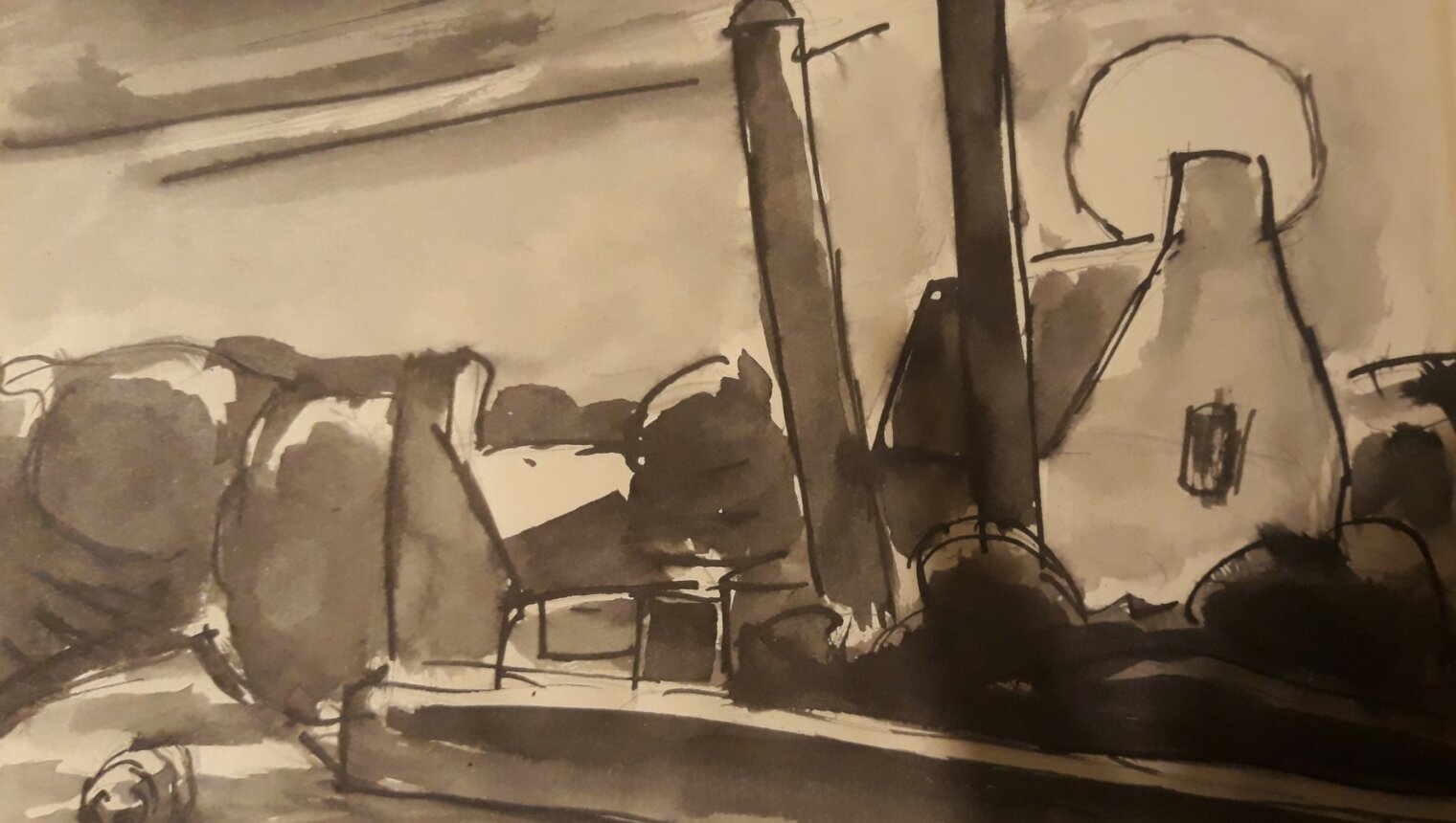 A sketch of a landscape. There is a house and the outline of trees.