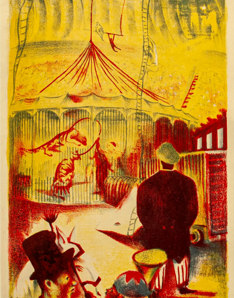 A colourful print of a circus. A man stands and looks at a bigtop tent where there are animals and gymnasts performing.