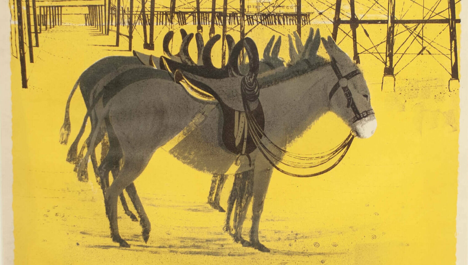 A lithograph print of a row of donkeys in saddles on the sand beside a the wooden beams of a pier.