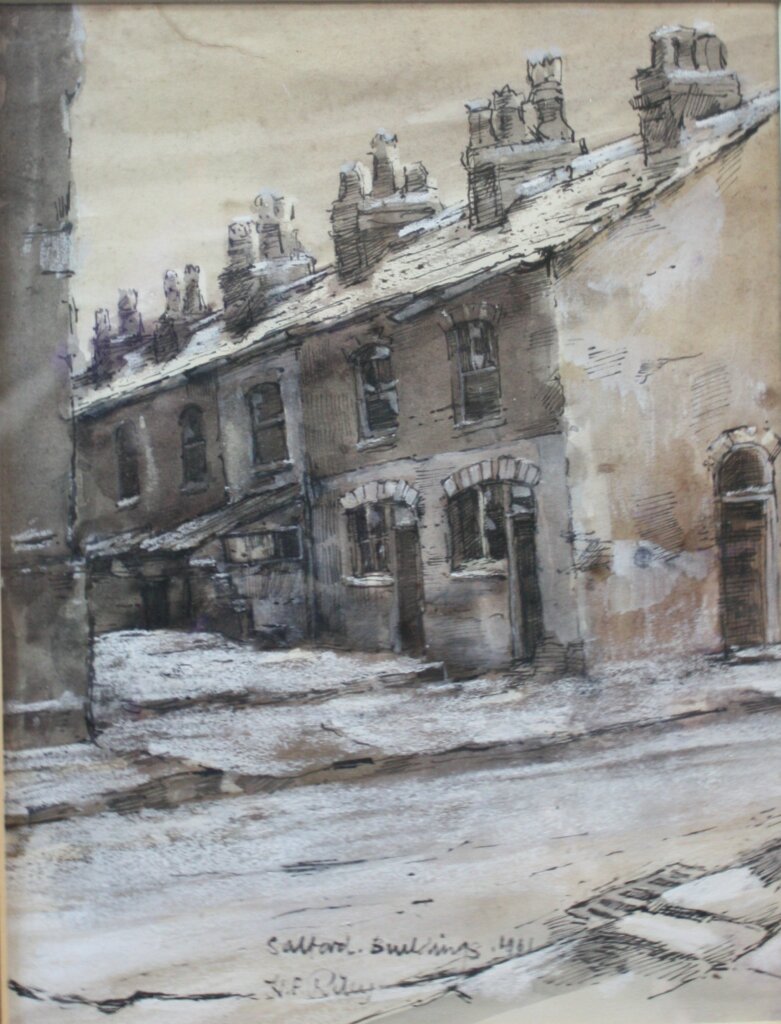 A watercolour painting of a row of terraced houses with a light dusting of snow on their roofs.