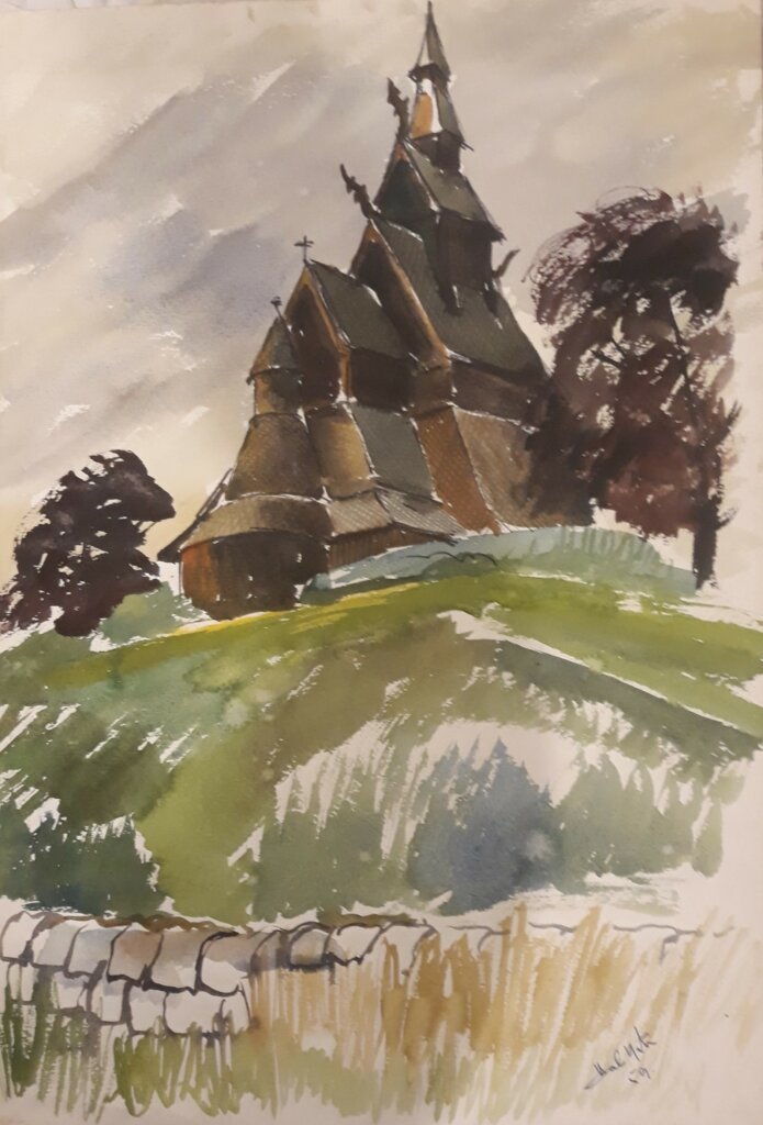 A watercolour drawing of a church on a hill.