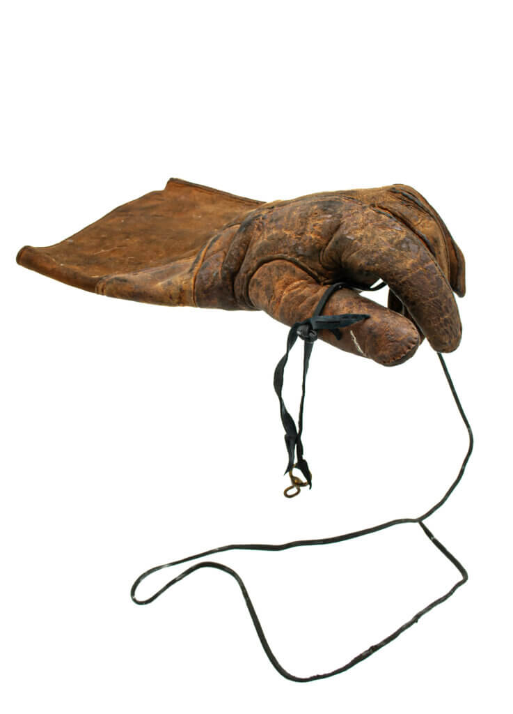 A brown leather glove held out as if waiting for a falcon to land on it.