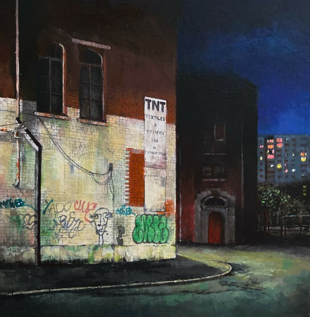A painting of a street with a graffiti-ed building and city lights in the background. There is a sign on the building that says: TNT Textiles & Hosiery ltd.