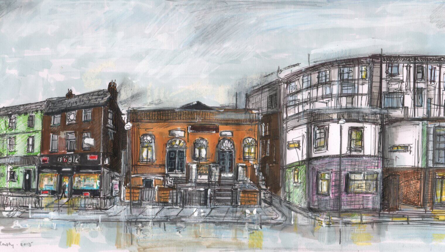 A drawing of a street of shops in the rain.