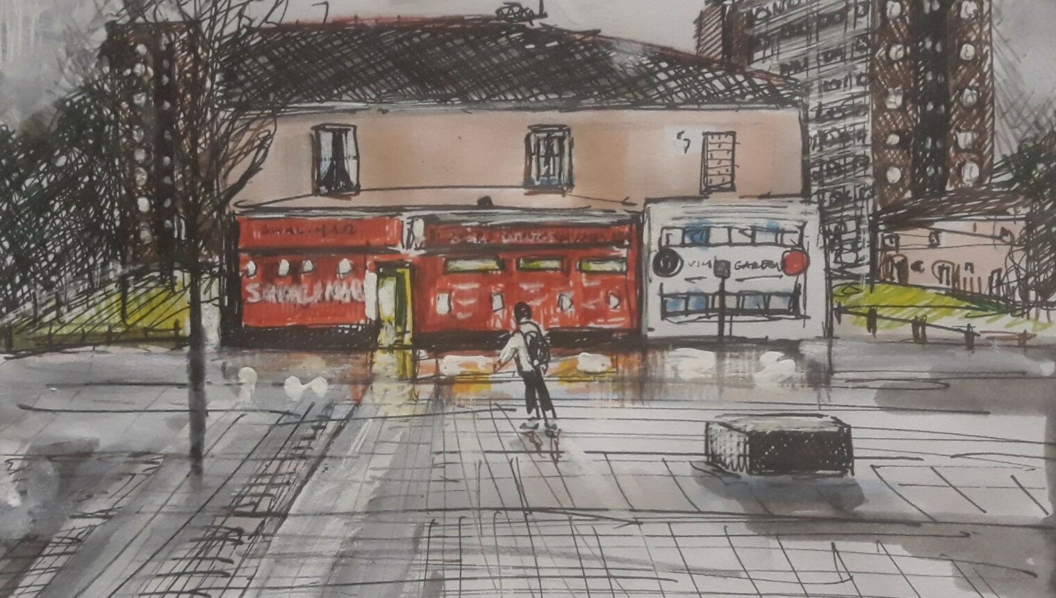 A drawing of a small shop.