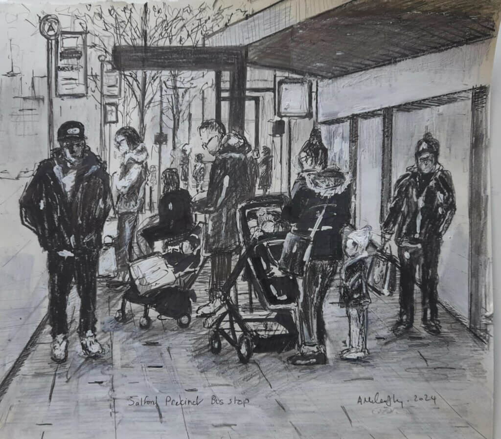 A drawing of a group of people waiting at a bus stop in winter coats, among them a woman with a pushchair.