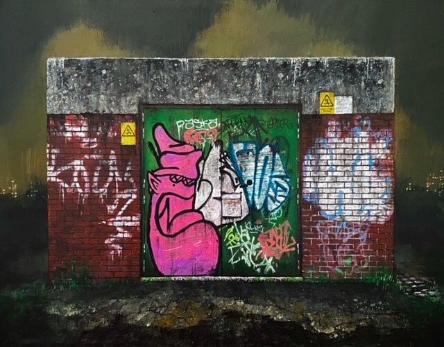 A painting of a heavily graffiti-ed brick and concrete structure with green doors. There are yellow electrical hazard signs on the walls.