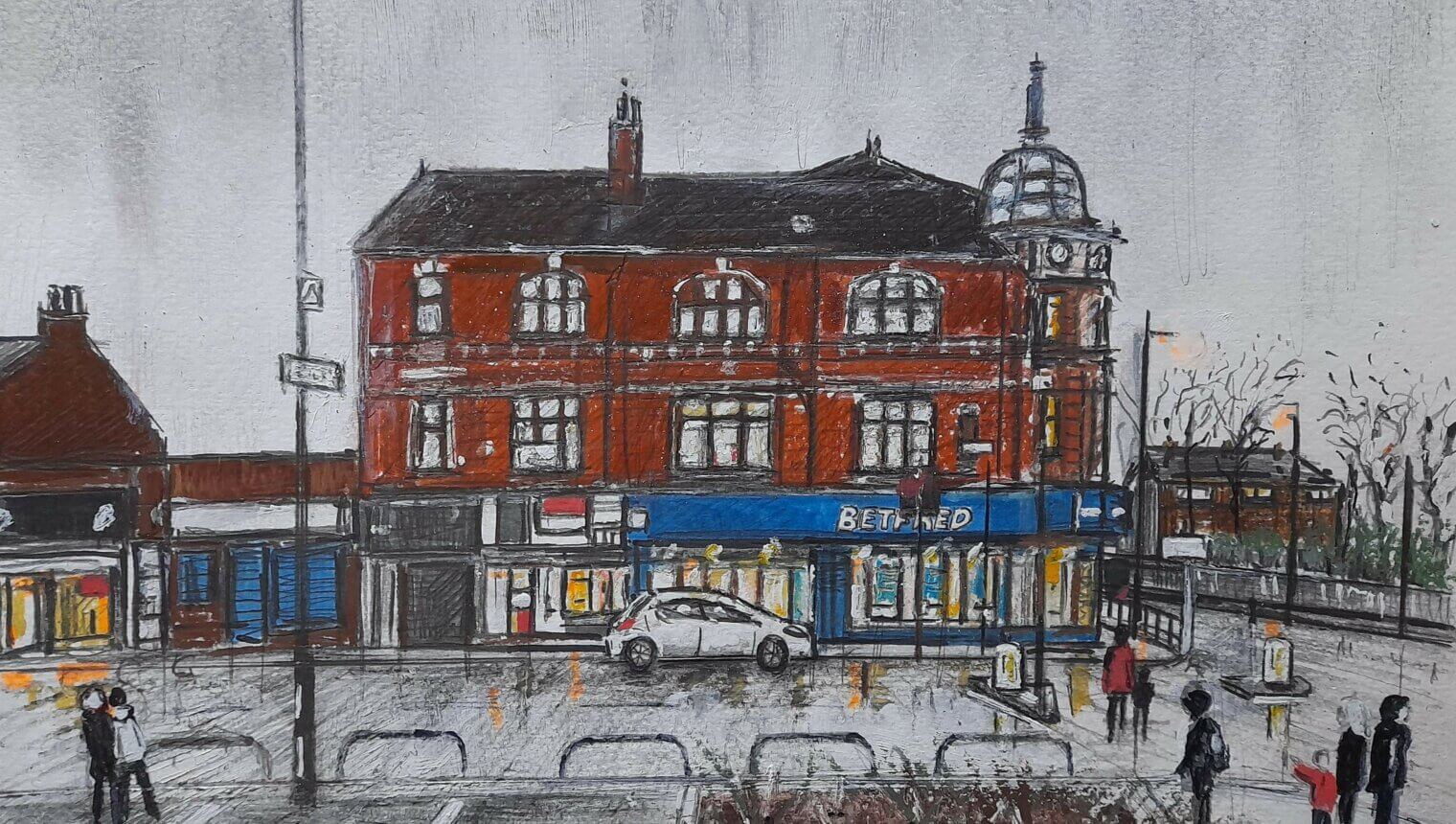 a painting of parking spaces in front of a 'Betfred' shop. There are people walking on the street.