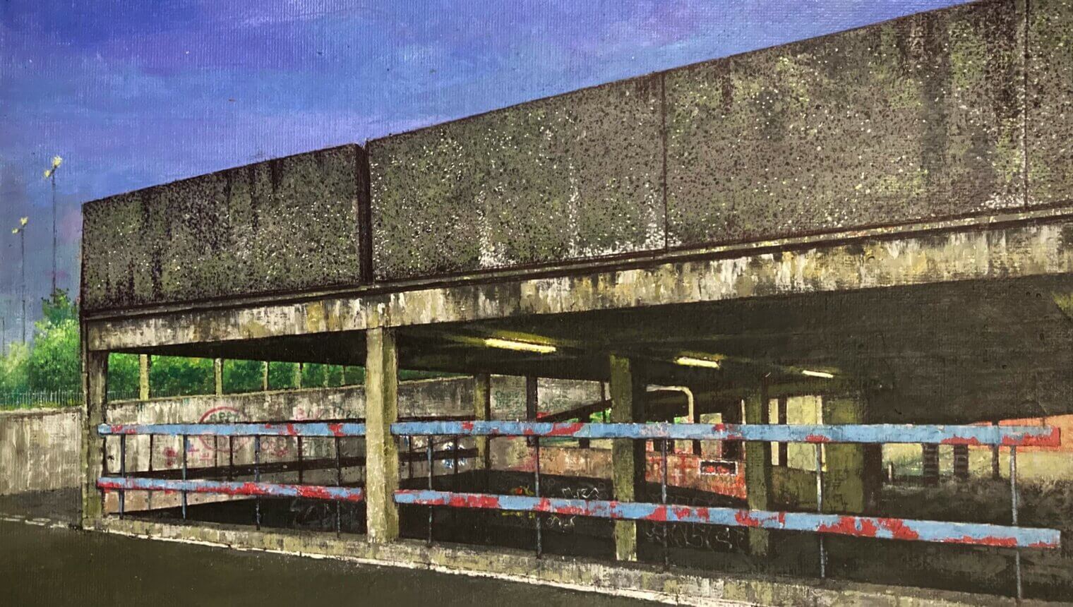 A painting of a concrete carpark.