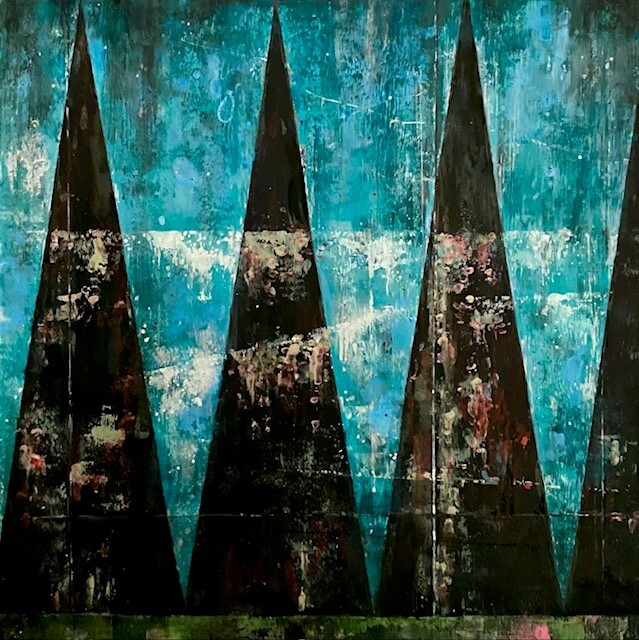 A painting of a close up detail of a blue wall with long black triangles painted onto it. The wall is dirty and the paint is fading.