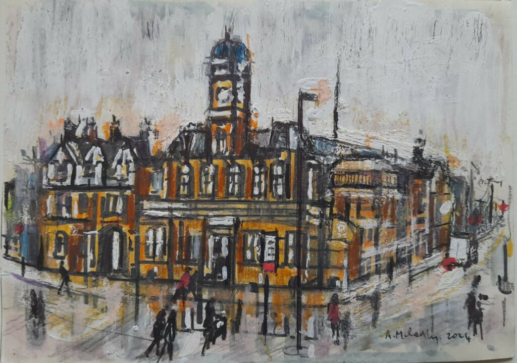 A painting of a large brown building with a clock tower. People walk in the street in front of it.