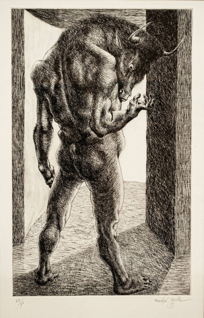 A print of a Minotaur, a humanoid with the head of a bull.