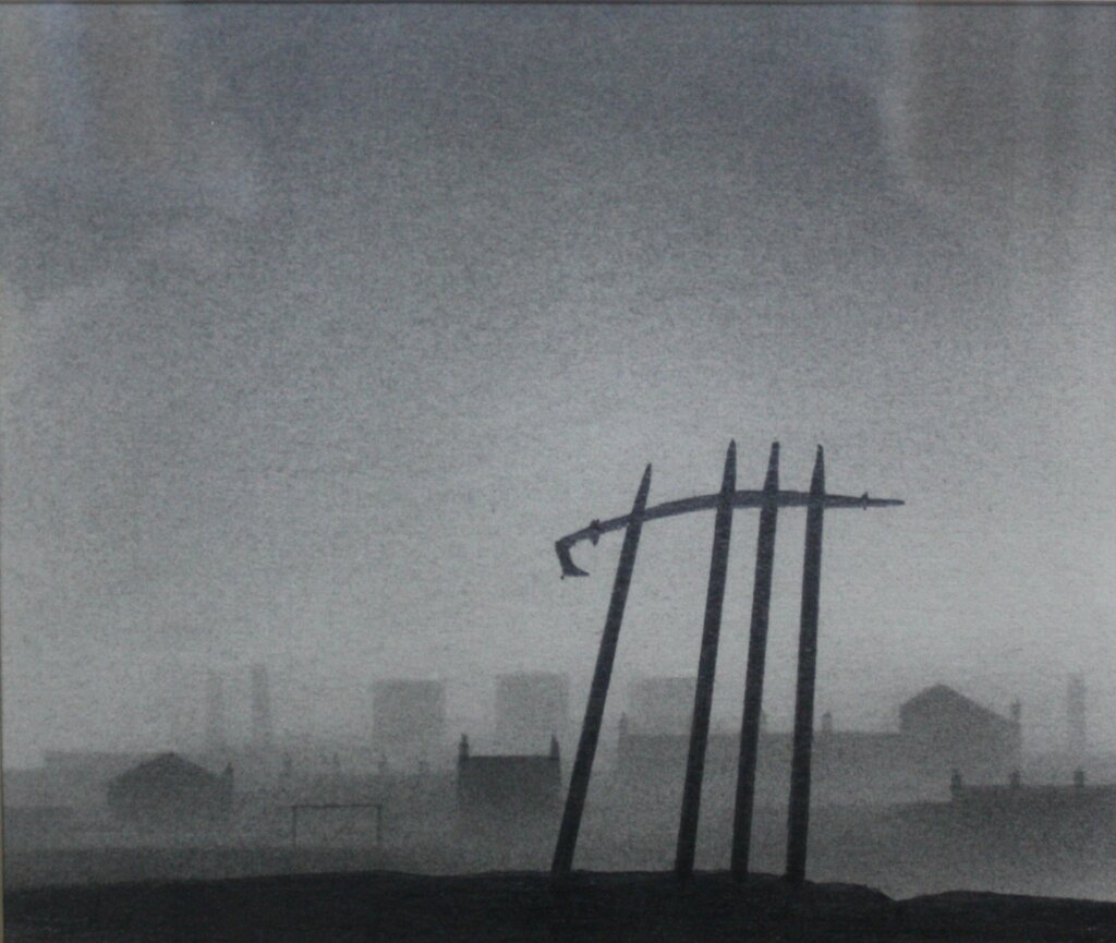 A pencil drawing of an industrial landscape covered in smog. In the foreground there is the silhouette of four pikes of a fence or railing.