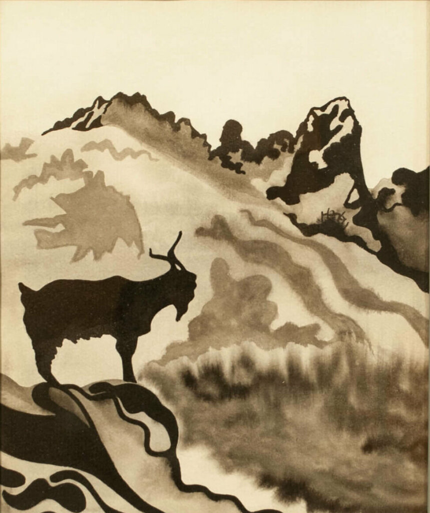An ink drawing of the silhouette of a goat in a rocky hillside.