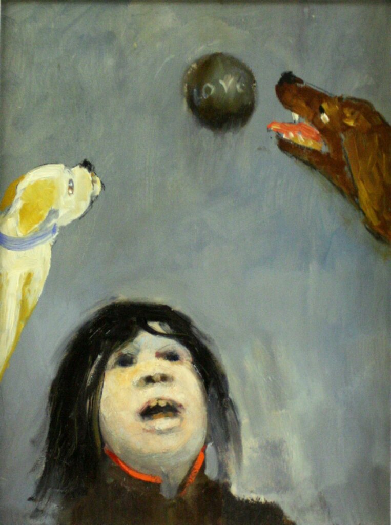 A painting of a black haired little girl with two dogs, one yellow and one brown. They play with a ball that has been thrown in the air.