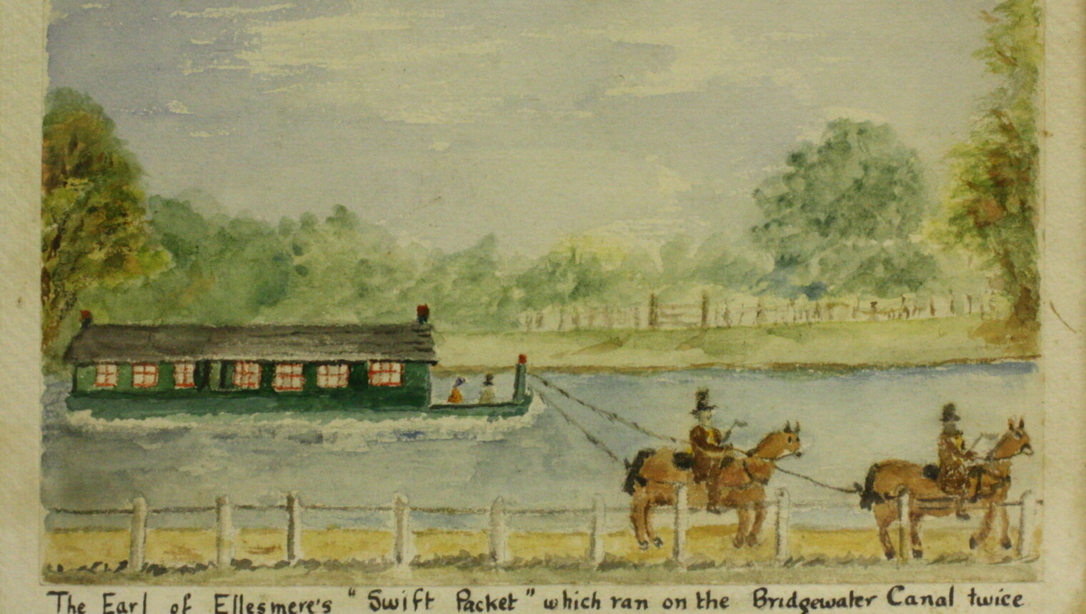 A watercolour painting of two men on horseback towing a canal boat down a canal. The text says 