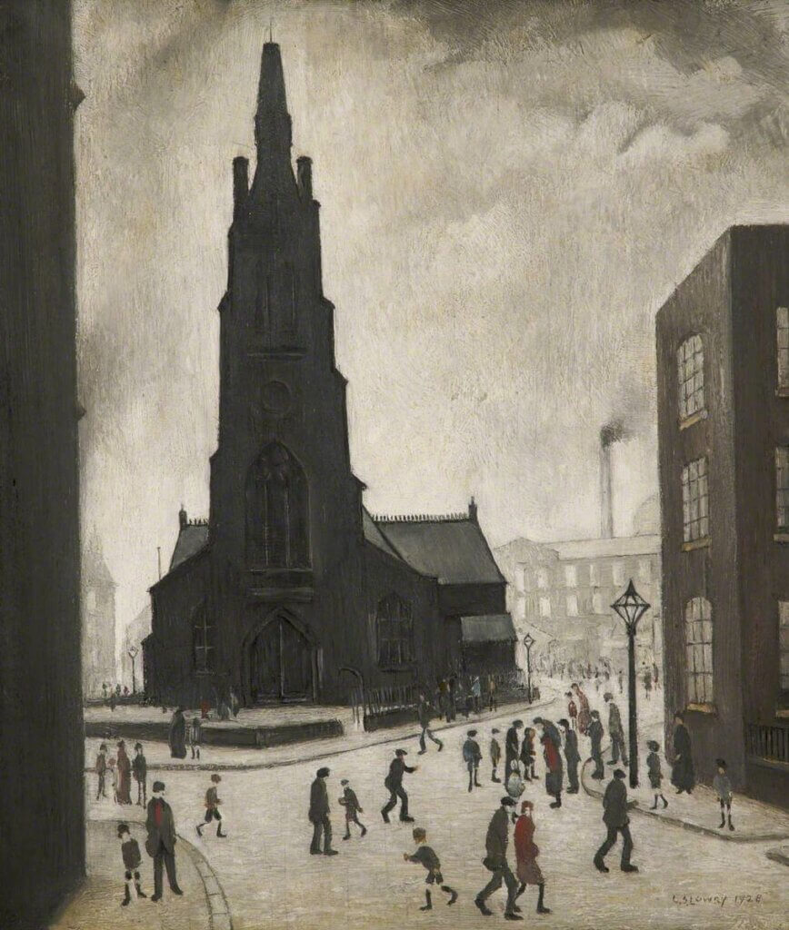 An oil painting of a tall church with factories in the background. In front of the church there are thin, stylised crowds of people.