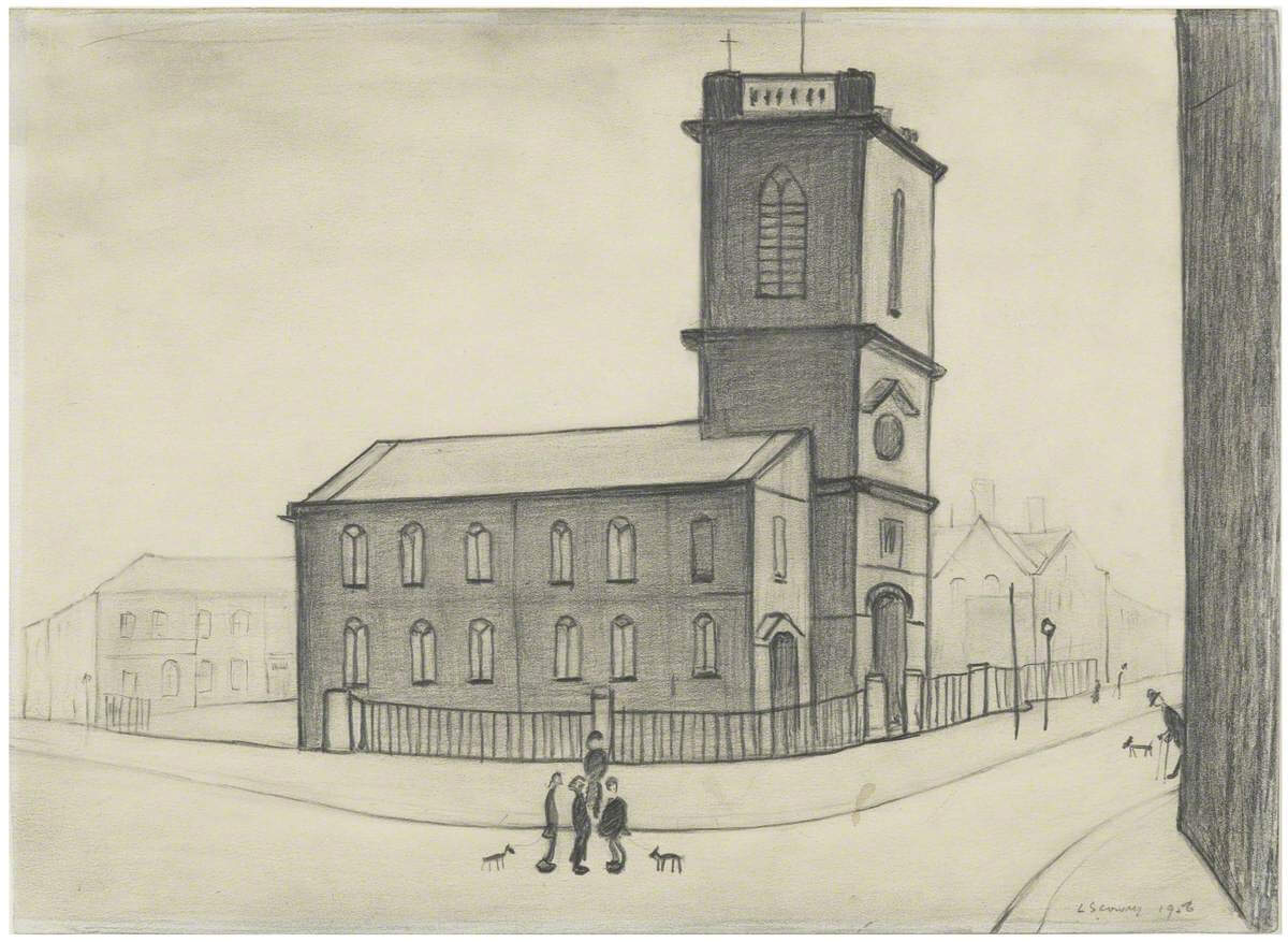 A pencil drawing of a church with decorative windows and two crosses on the roof. In the foreground there are people with thin legs walking their dogs.