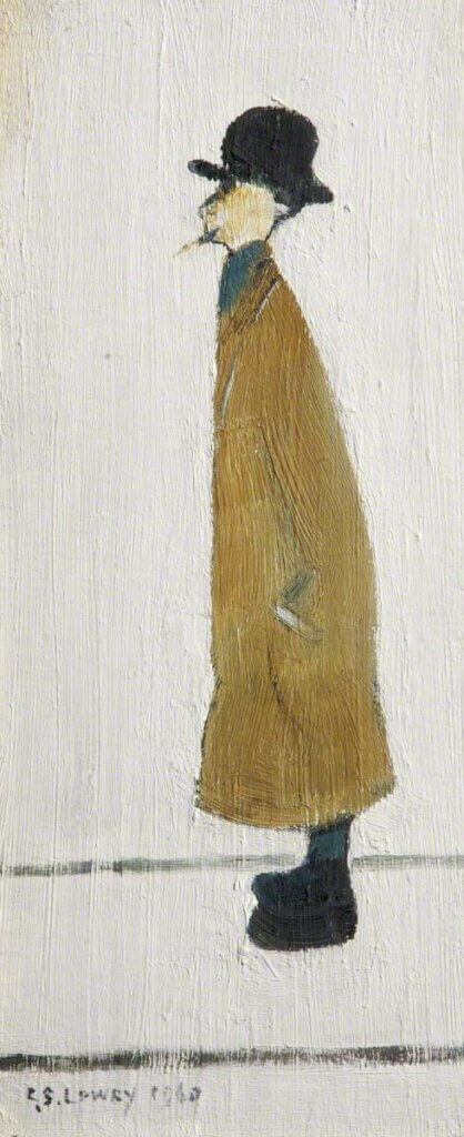 An oil painting of a man facing left wearing a long coat and a bowler hat.