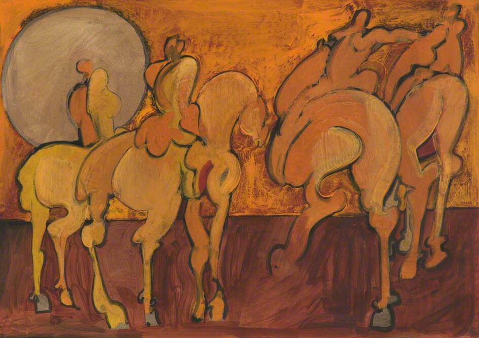 A stylised acrylic painting of four riders on horseback.