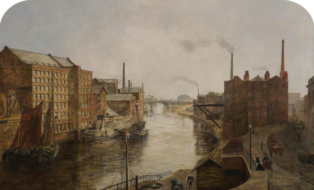 A painting of an industrial landscape. Factories with smoking chimneys stand on either side of a river.