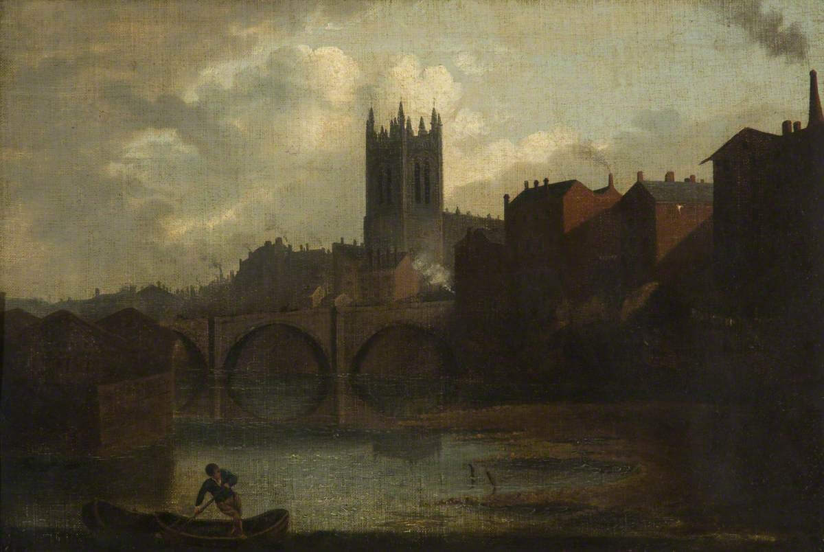 A painting of a man sailing a boat down a river. In the background you can see a tall church and a bridge.
