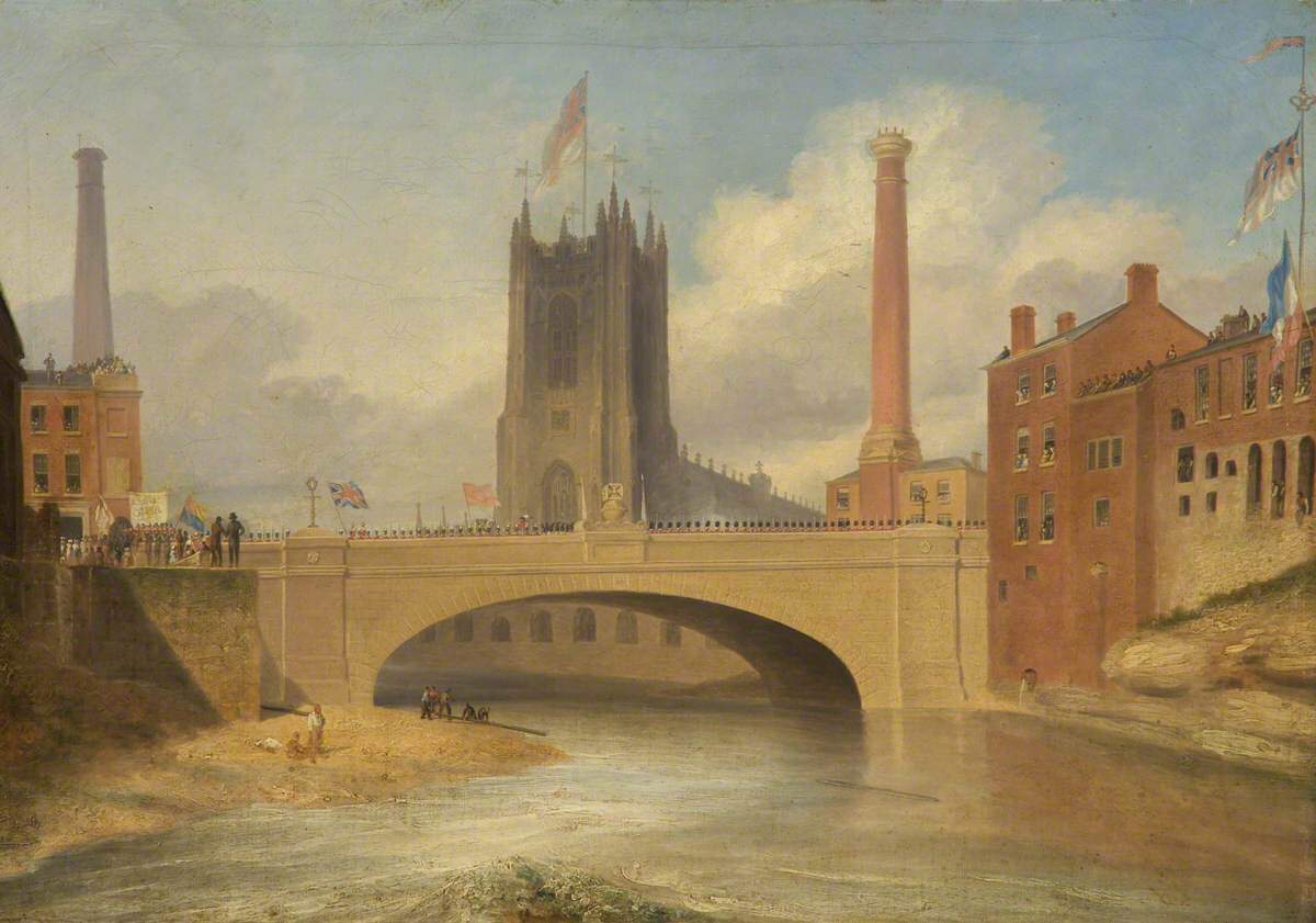 A painting of a river flowing under a bridge. In the background you can see a large church, and the chimneys of two different factories. People stand on the bridge and the riverbed, waving the Union Jack.