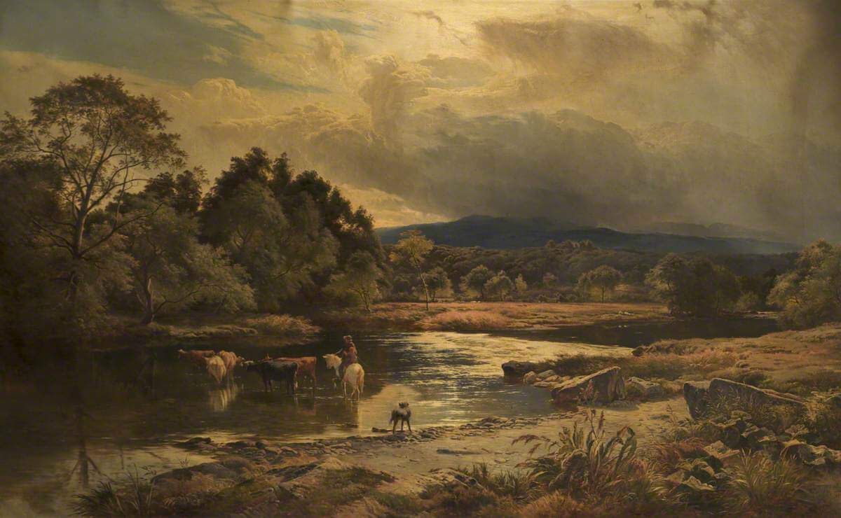 A painting of a a river running through a field with trees. Cows cross the river, escorted by a man on horseback and a small dog.