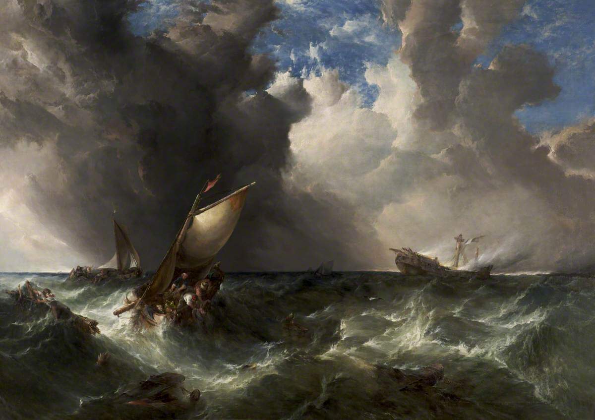 A painting of the ocean. In the background there is the smoking wreck of a ship that has caught on fire. In the foreground men sit in lifeboats or cling to parts of the wreckage to stay afloat.