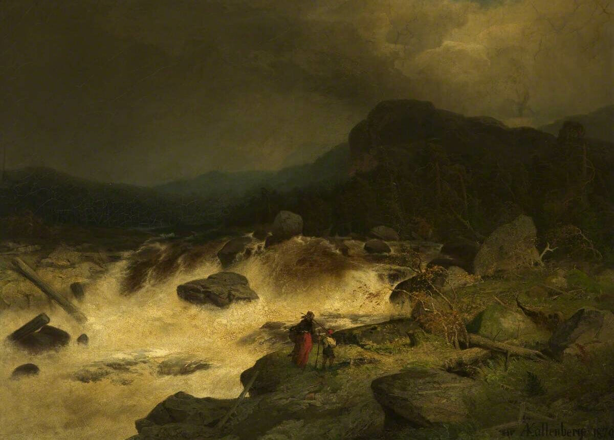 A painting of a rush of water pouring over rocks in a mountainscape. A mother and child walk up the slope beside the rushing water.