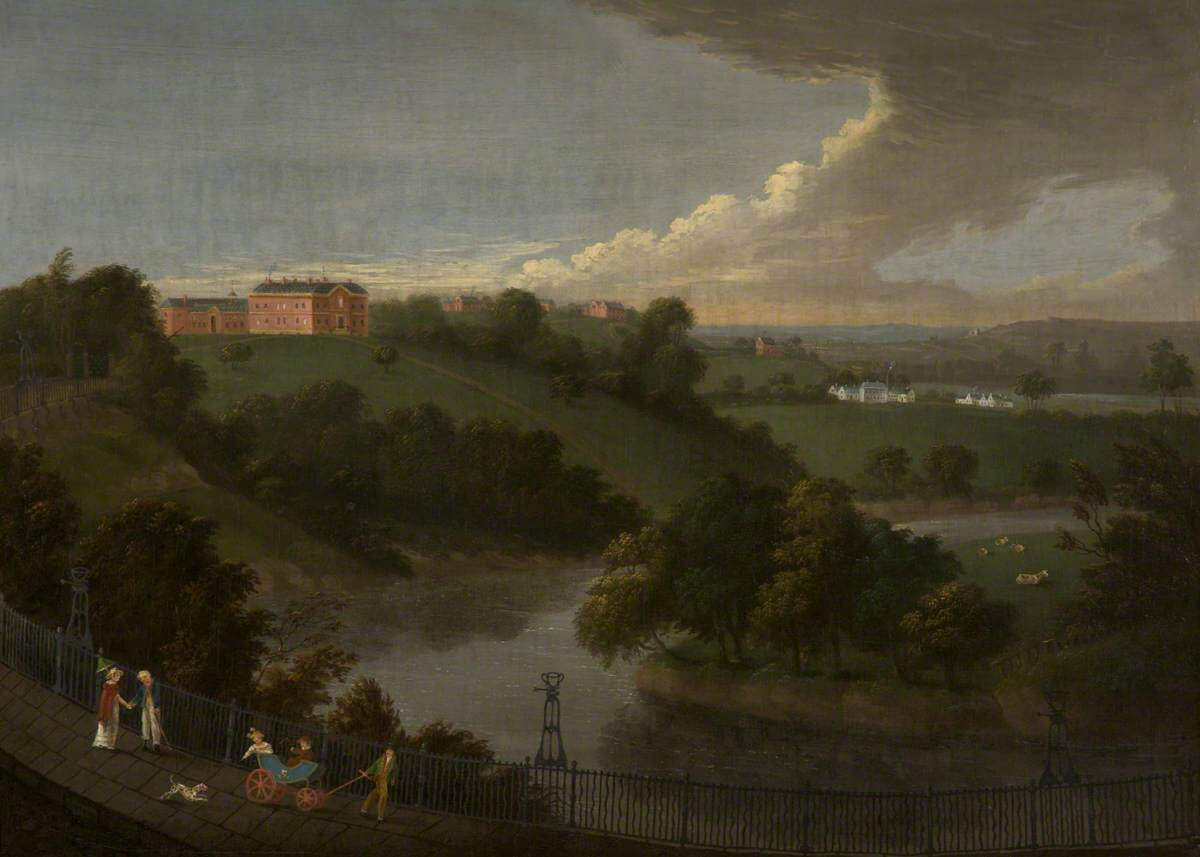 A painting of a large pink house on top of a hill. There is a large river flowing across the landscape. A group of people in Victorian clothes push a buggy up a hill in the foreground.