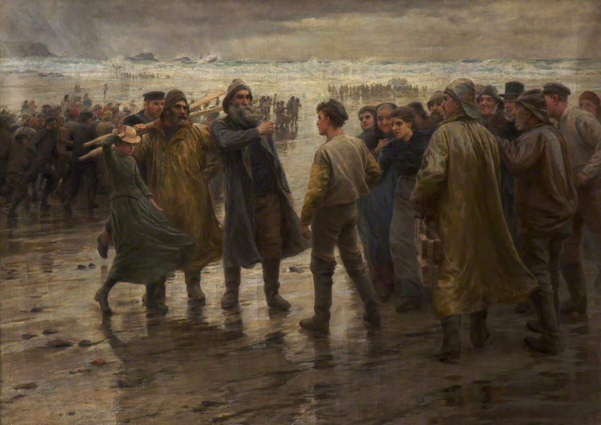 A crowd of people in raincoats on the beach surround a man volunteering to join the lifeboat. The weather is bad and a ship is in danger in the background.