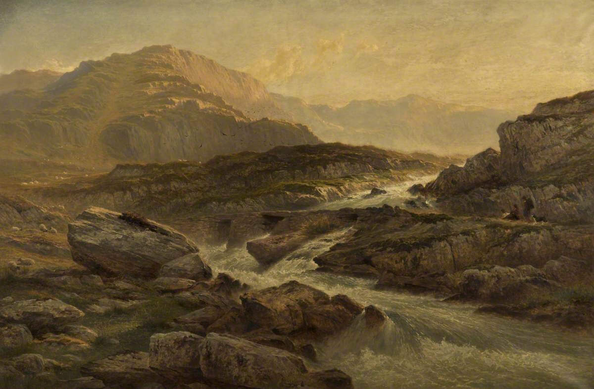 An oil painting of water rushing over the rocks down the side of a mountain.