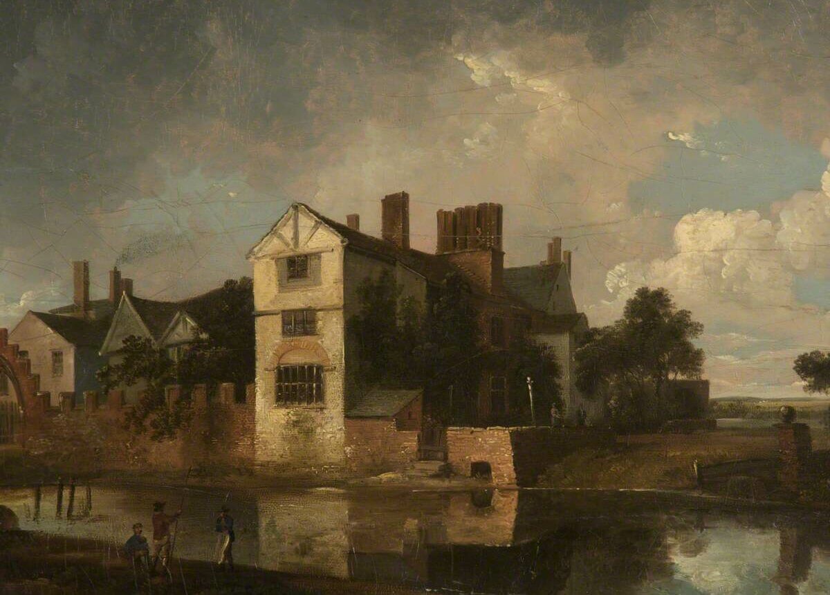 A painting of a large Tudor building with a moat.