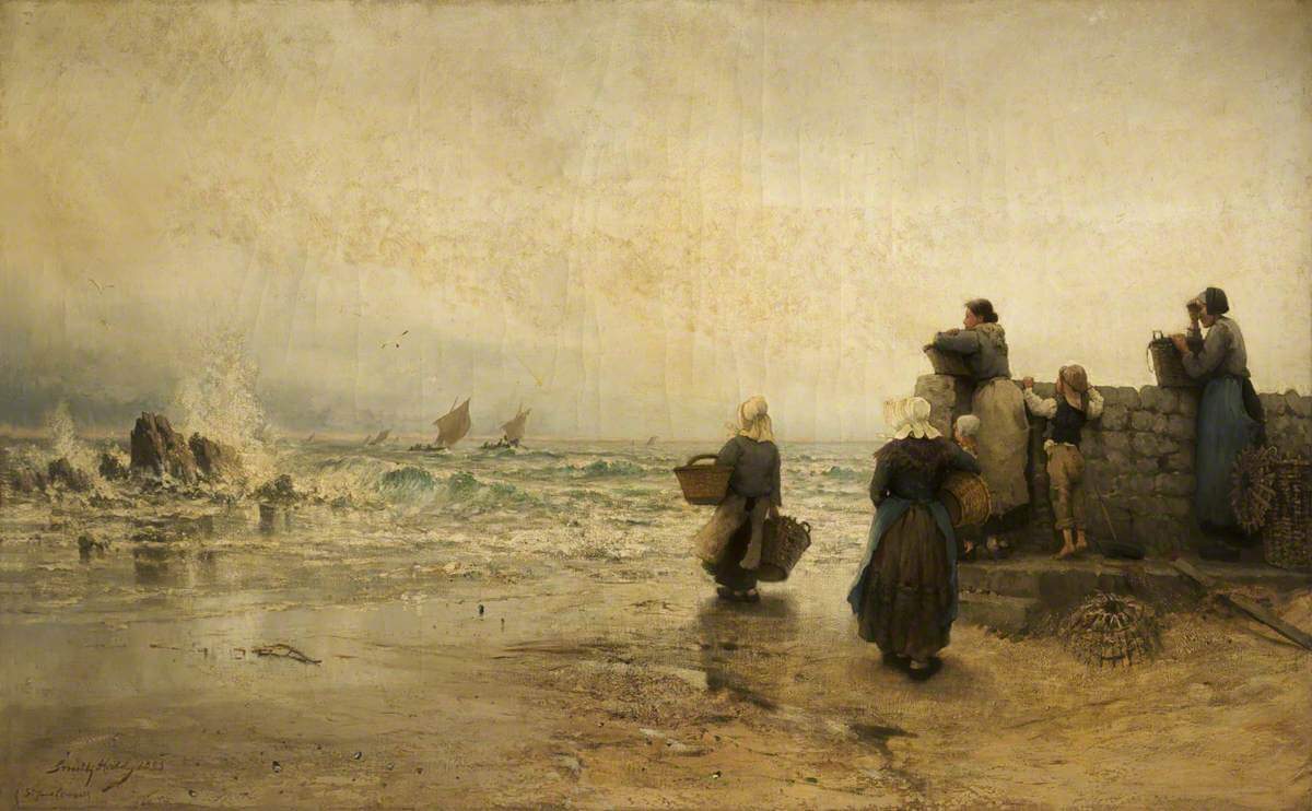 A crowd of people on the shore look out to sea and see the waves are getting rougher, crashing against the rocks. Two ships in the distance get tossed around by the rough winds.