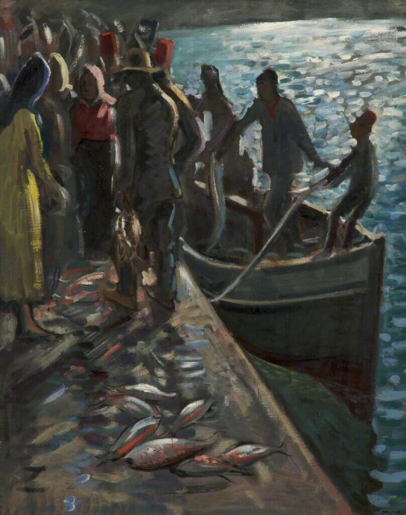 A crowd of people standing on a dock, watching a boat mooring. There are fish lying on the dock.