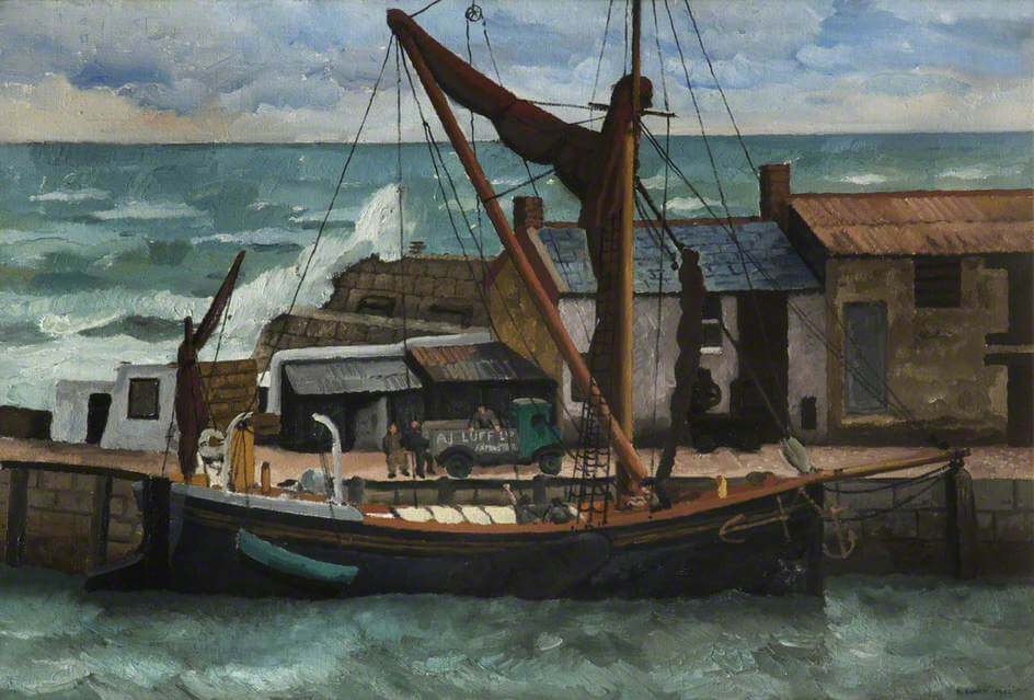 An oil painting of a boat unloading crates onto a truck at a wooden dock.