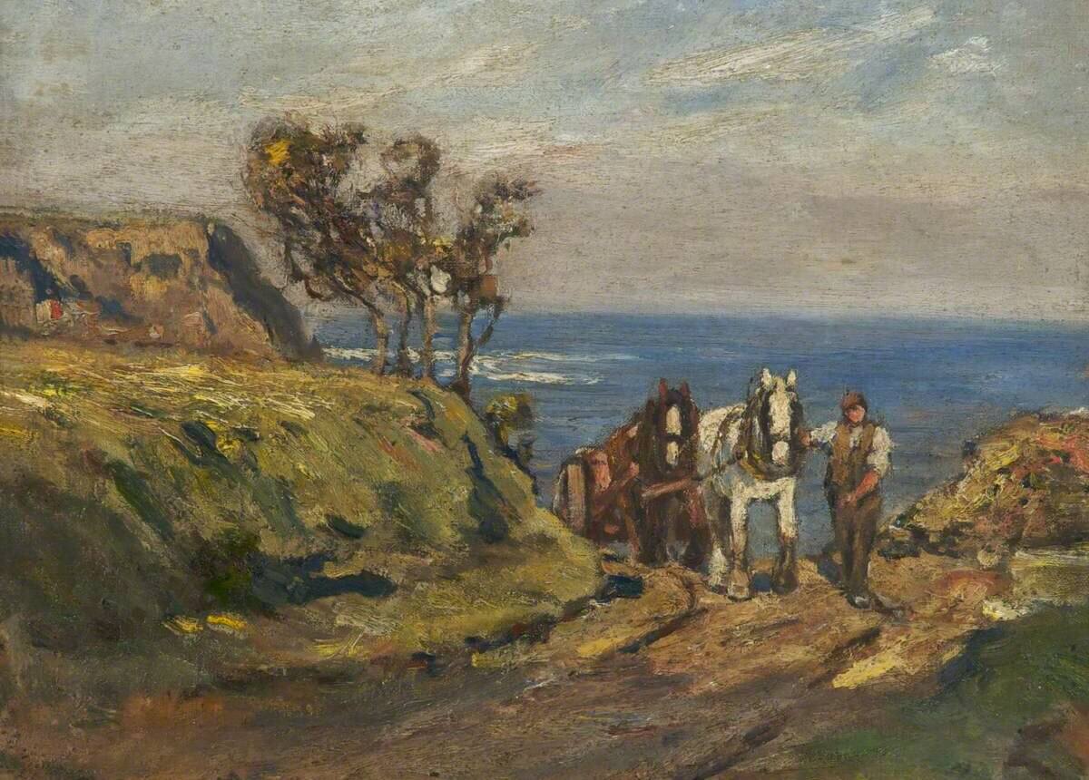 A painting of a man guiding two horses as they pull a cart of sand up a hill near the sea.