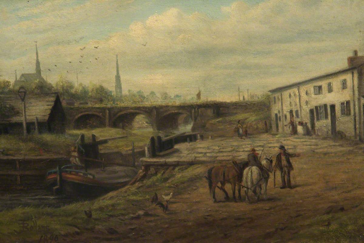 An oil painting of horses walking beside a river. A small boat sails down the river. There are houses and a bridge in the background.