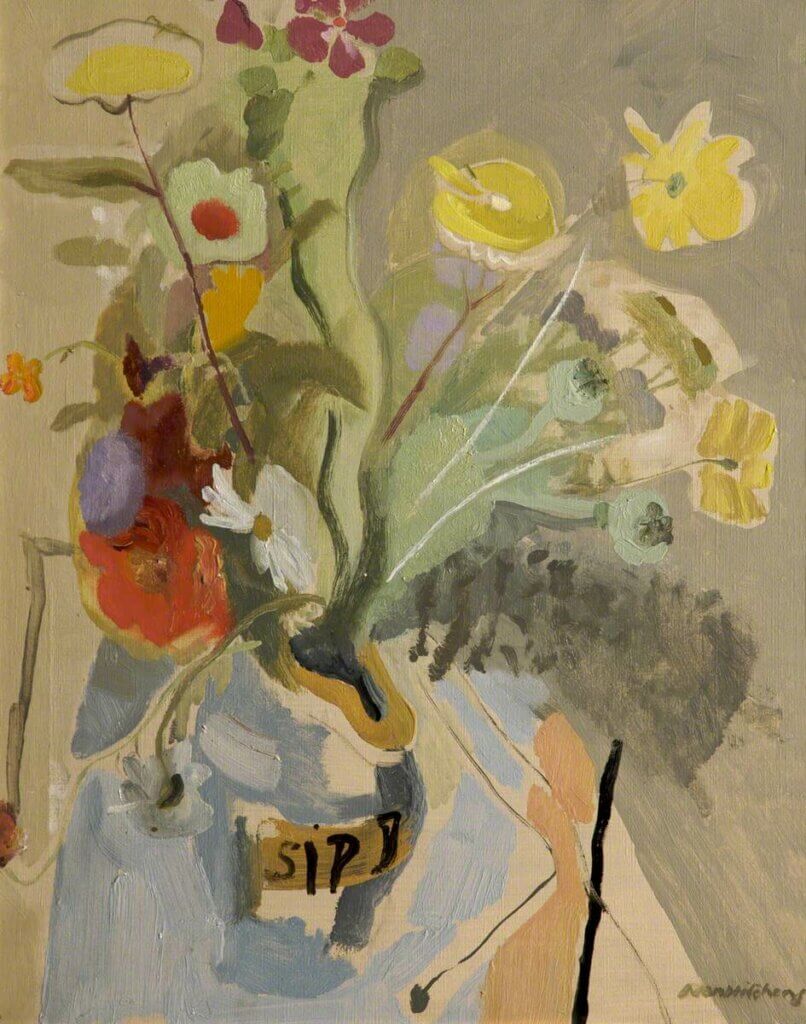 An abstract still life painting of a colourful bouquet of flowers in a small blue vase.