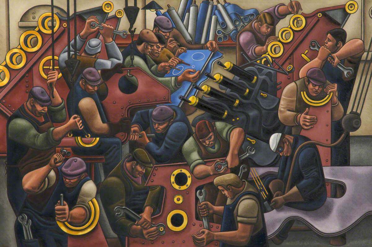 A stylised oil painting of a group of factory workers assembling some kind of machinery.