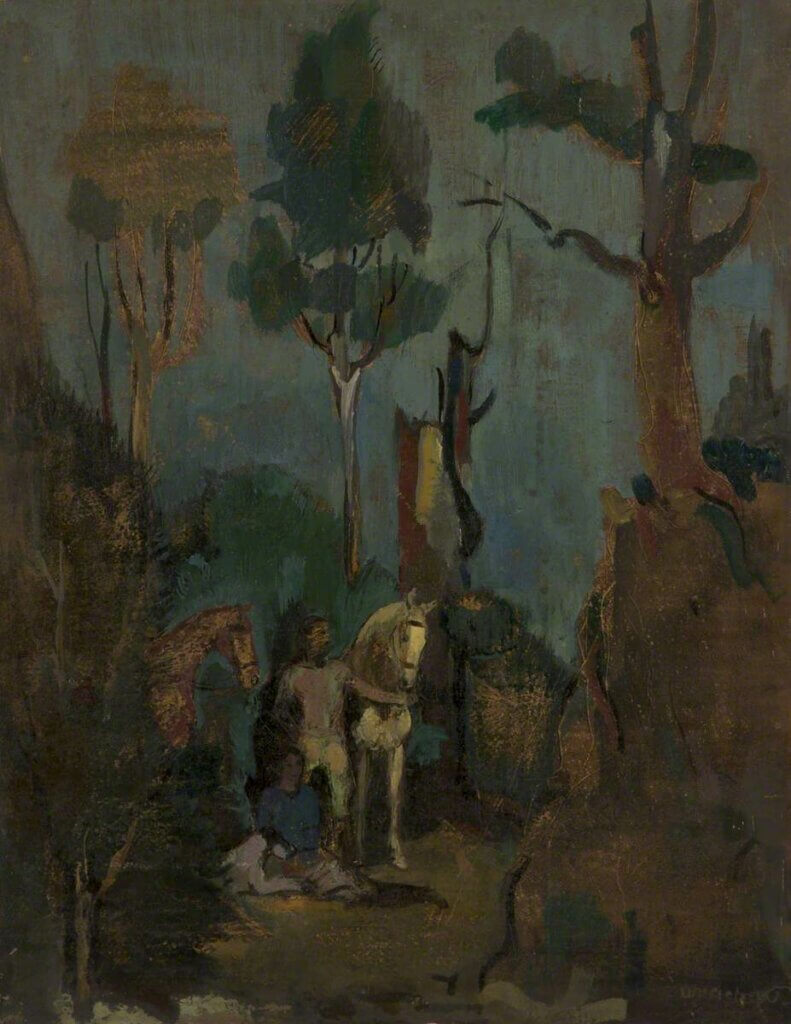 A painting of two people and two horses resting in a dark wood.