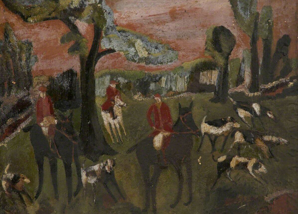 A stylised painting of three men on horseback flocked on either side by their hunting dogs.