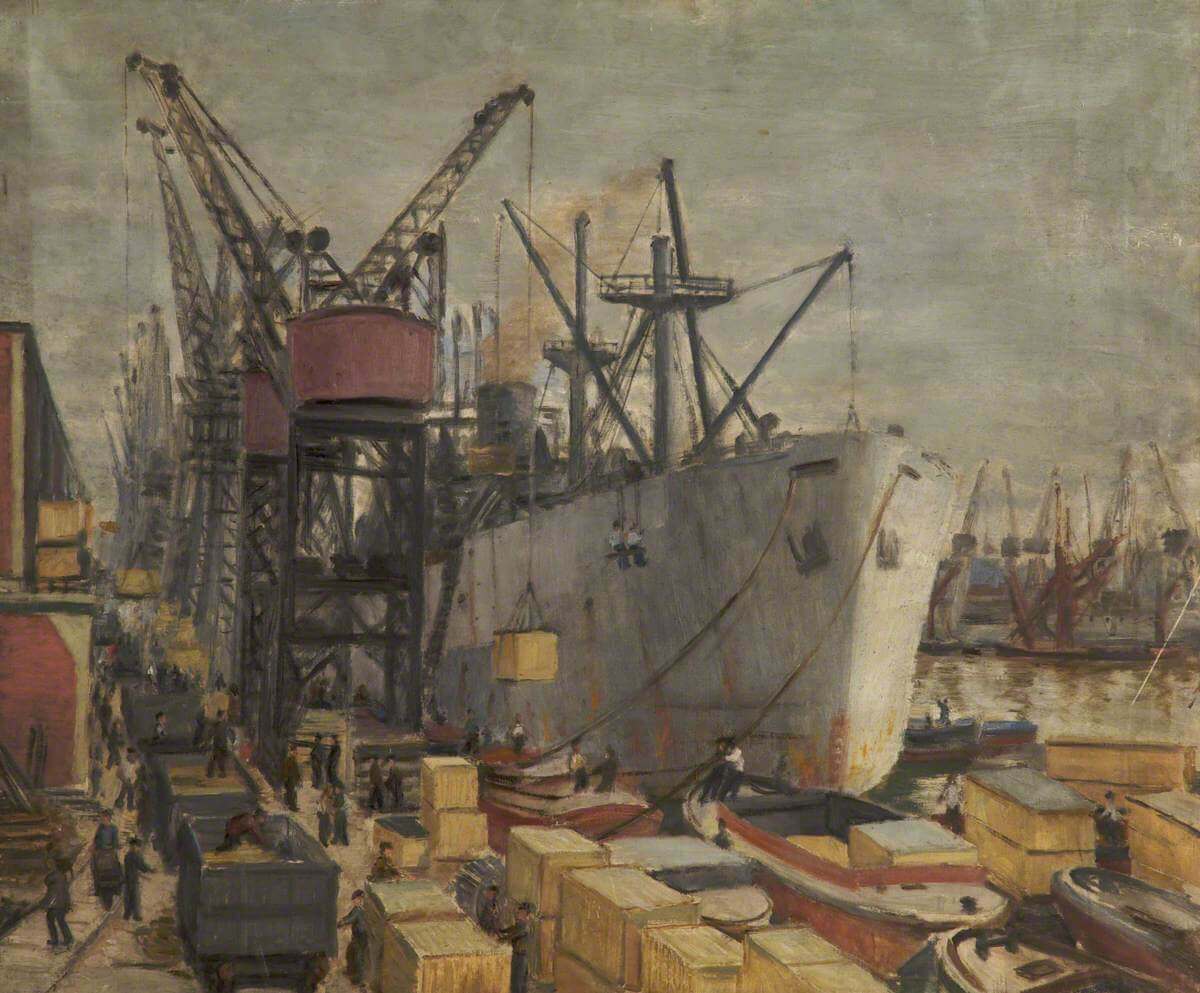 An oil painting of cranes loading crates onto a large white boat. Smaller boats float in the water beside it.